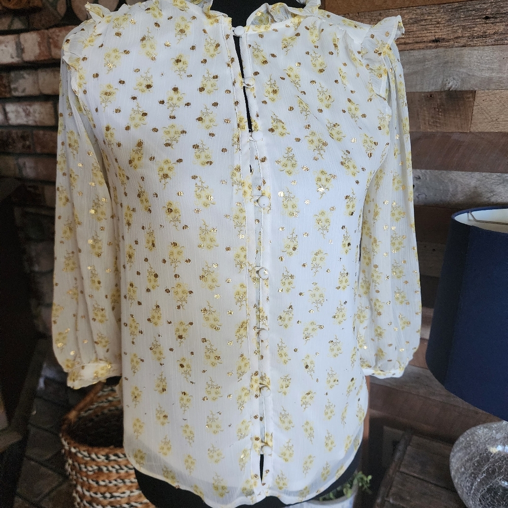 Womens lauren conrad Blouse Top Size XS Yellow Small Flowers With Gold  Ruffle